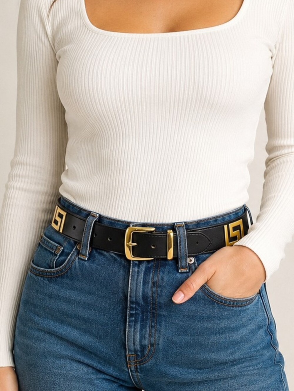 Vtg Y2K Express Compagnie Internationale Genuine Leather Greek Key Belt Black - Picture 12 of 16